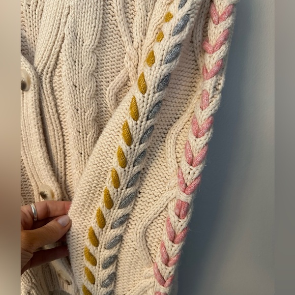 Michael Stars Cream Cable Knit Chunky Cardigan with Braided color Sleeve XS - Picture 2 of 9